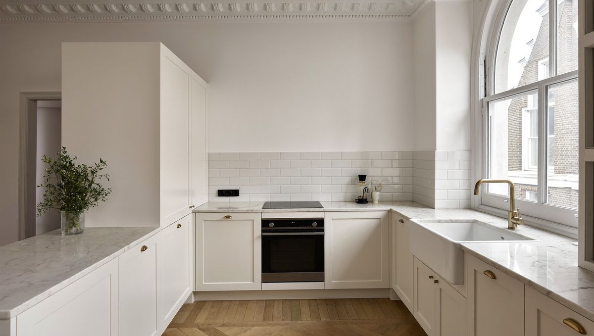 Generated illustration: a clean, empty kitchen in a London period conversion.
